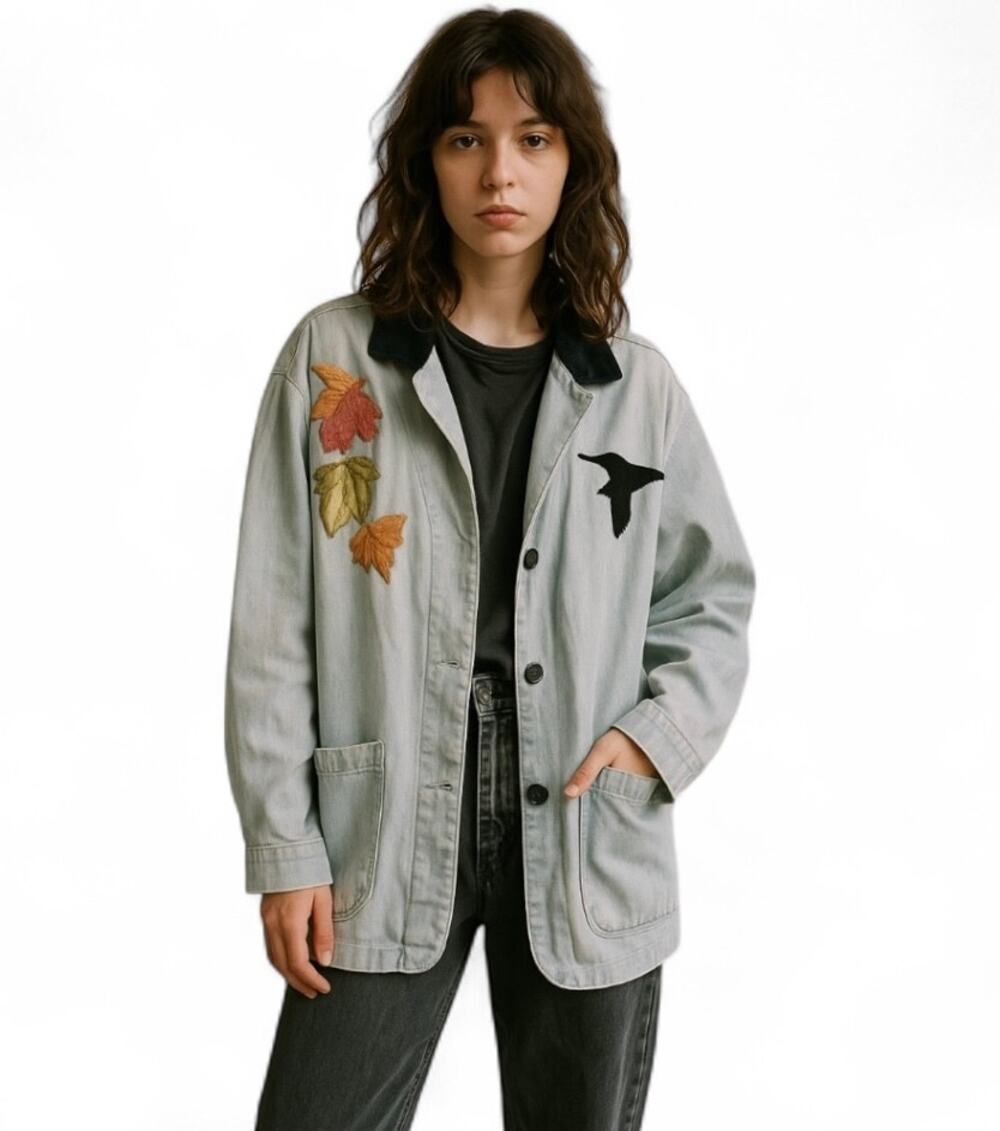Vtg Denim Bird Leaf Applique Corduroy Collar Jacket Womens Sz M Oversized Boho